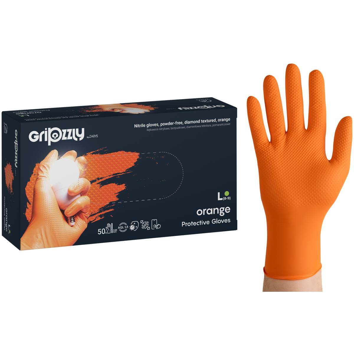PROTECTIVE GLOVES, NITRILE POWDER-FREE, ORANGE, 50 PCS - GRIPZZLY