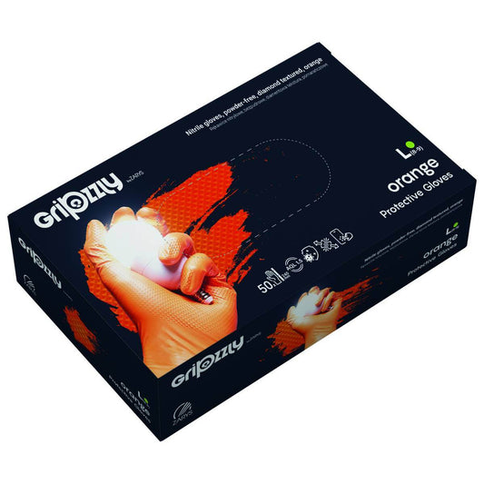 PROTECTIVE GLOVES, NITRILE POWDER-FREE, ORANGE, 50 PCS - GRIPZZLY