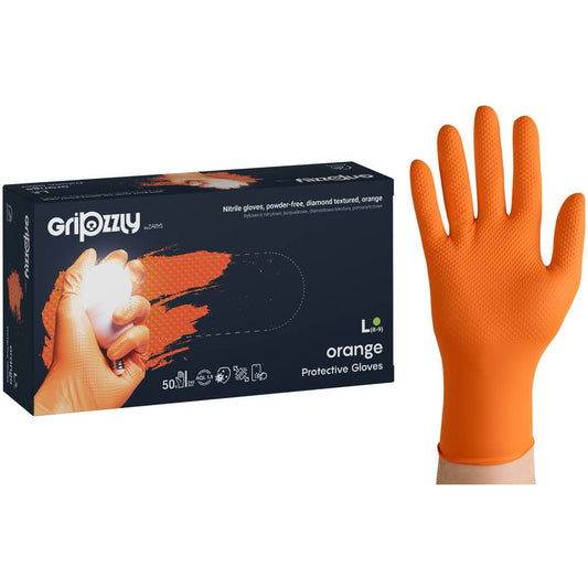 PROTECTIVE GLOVES, NITRILE POWDER-FREE, ORANGE, 50 PCS - GRIPZZLY